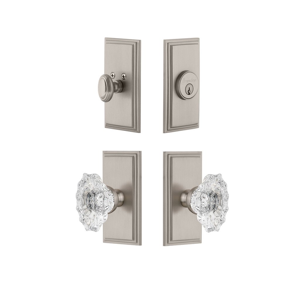 Handleset - Carre Plate With Biarritz Crystal Knob & Matching Deadbolt In Satin Nickel