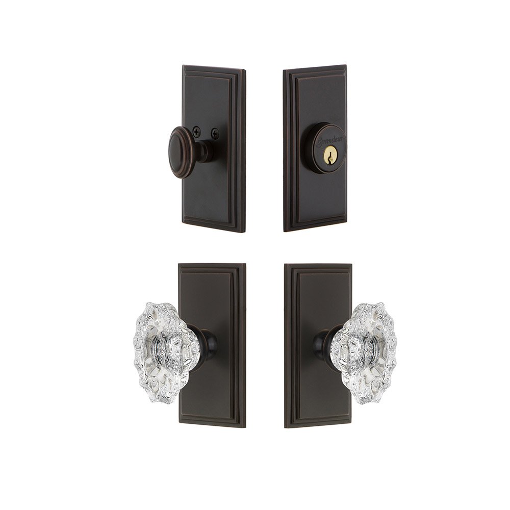 Handleset - Carre Plate With Biarritz Crystal Knob & Matching Deadbolt In Timeless Bronze