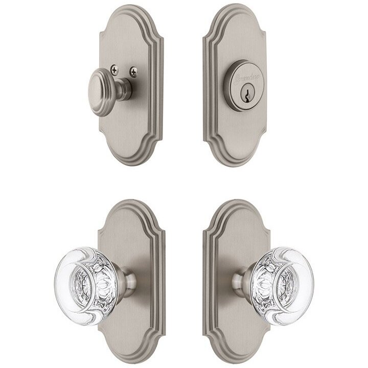 Handleset - Arc Plate With Bordeaux Crystal Knob & Matching Deadbolt In Satin Nickel