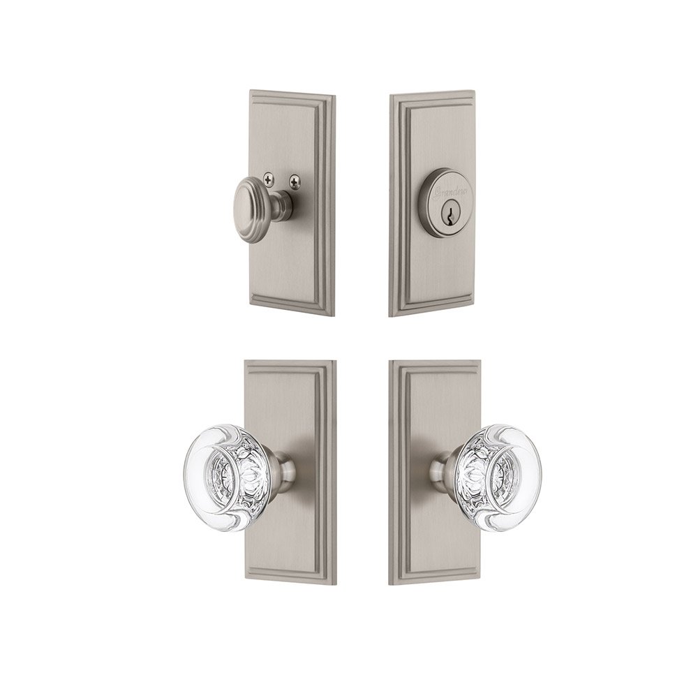 Handleset - Carre Plate With Bordeaux Crystal Knob & Matching Deadbolt In Satin Nickel
