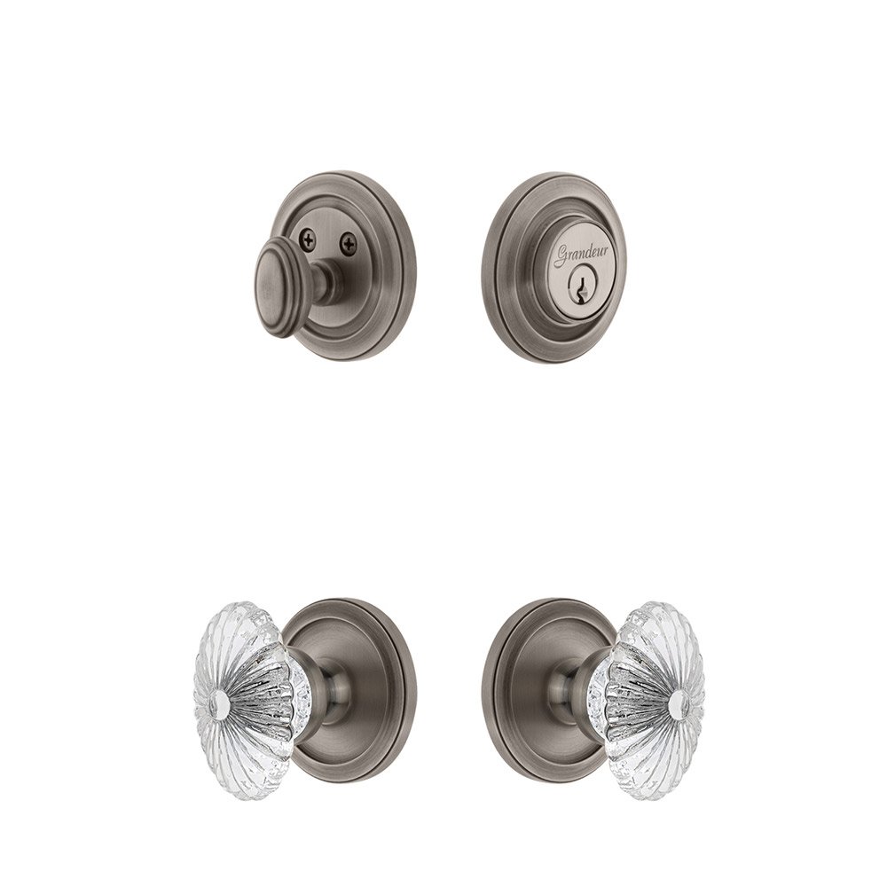 Handleset - Circulaire Rosette With Burgundy Crystal Knob & Matching Deadbolt In Antique Pewter