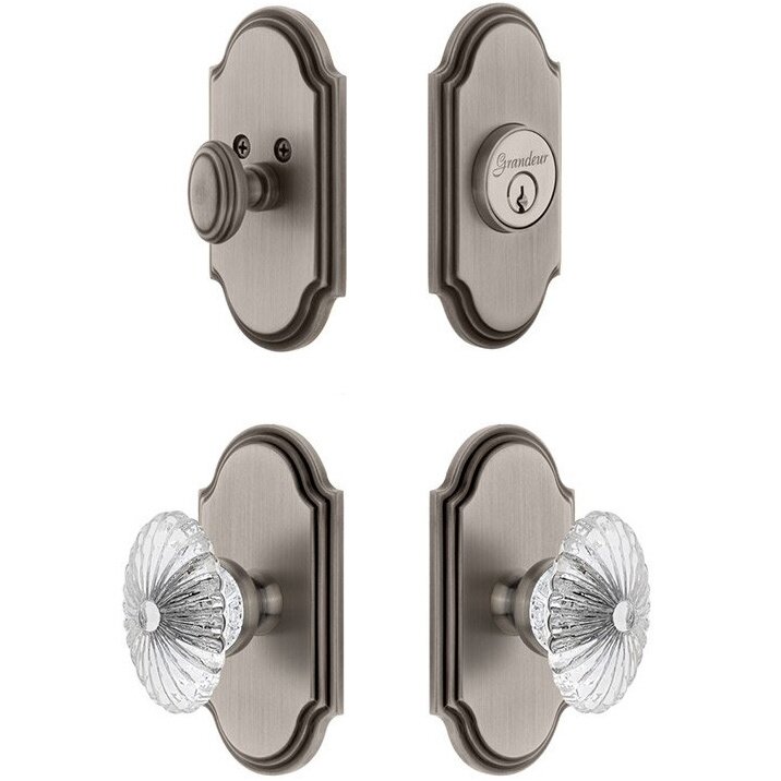 Handleset - Arc Plate With Burgundy Crystal Knob & Matching Deadbolt In Antique Pewter
