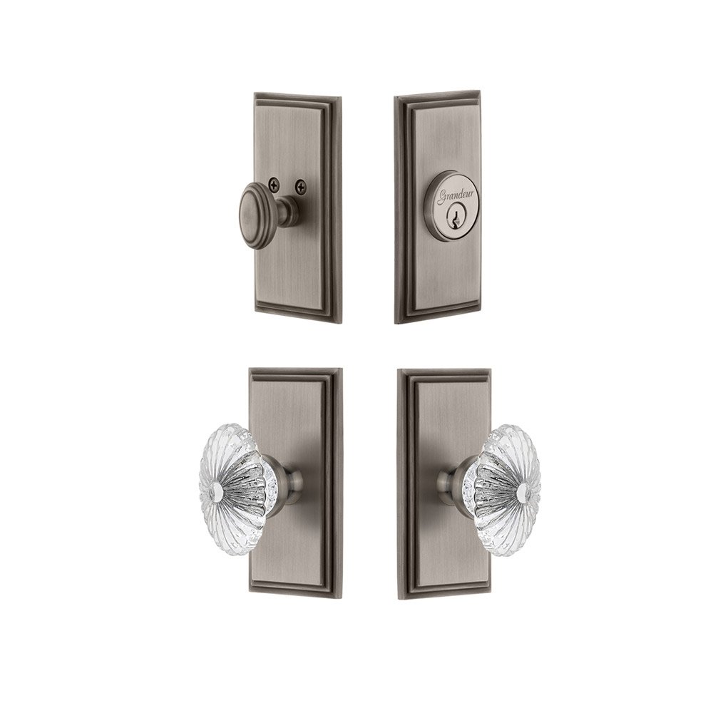 Handleset - Carre Plate With Burgundy Crystal Knob & Matching Deadbolt In Antique Pewter