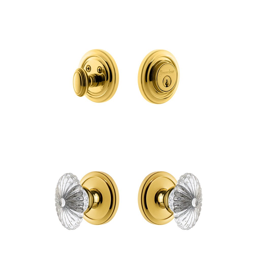 Handleset - Circulaire Rosette With Burgundy Crystal Knob & Matching Deadbolt In Lifetime Brass