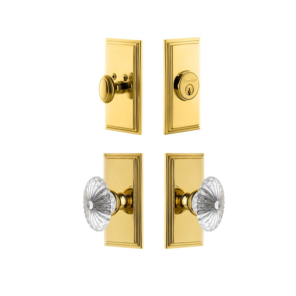 Handleset - Carre Plate With Burgundy Crystal Knob & Matching Deadbolt In Lifetime Brass