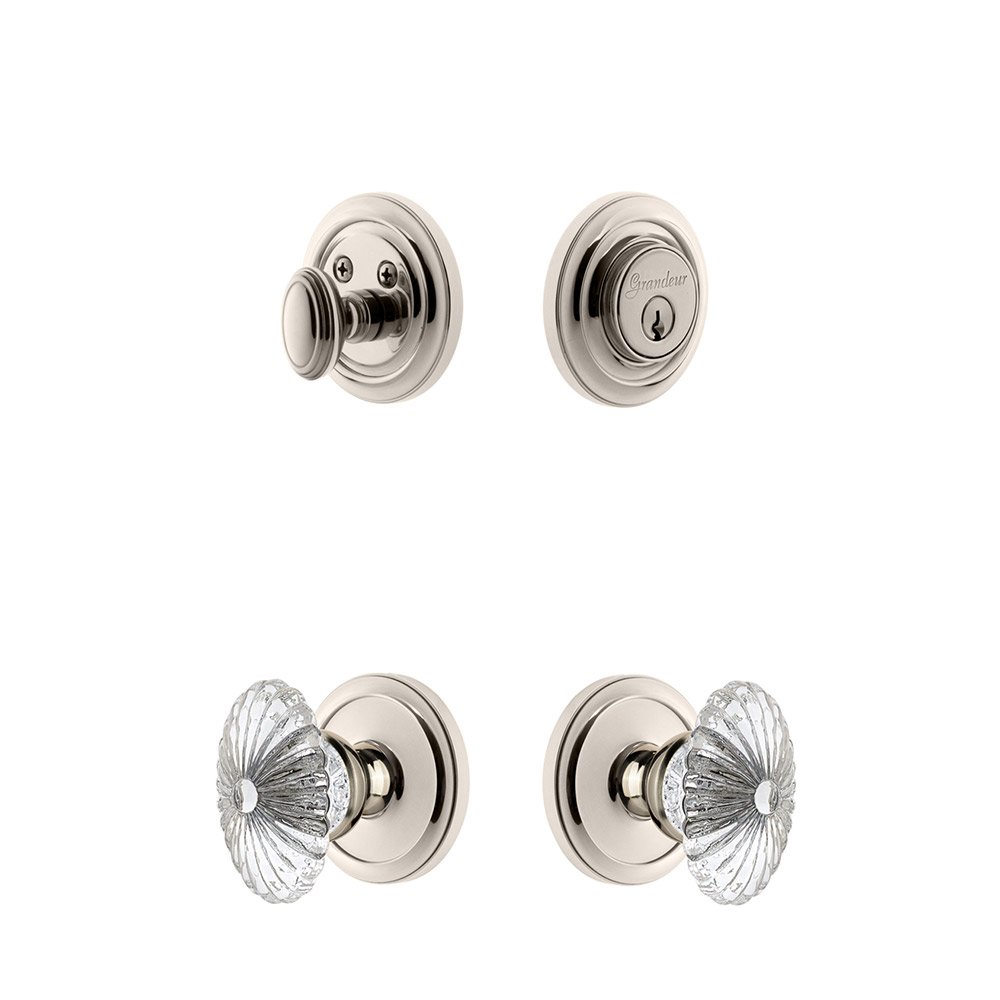 Handleset - Circulaire Rosette With Burgundy Crystal Knob & Matching Deadbolt In Polished Nickel