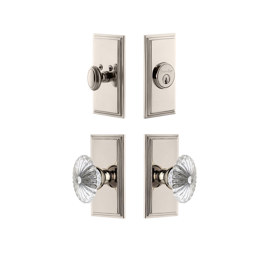 Handleset - Carre Plate With Burgundy Crystal Knob & Matching Deadbolt In Polished Nickel