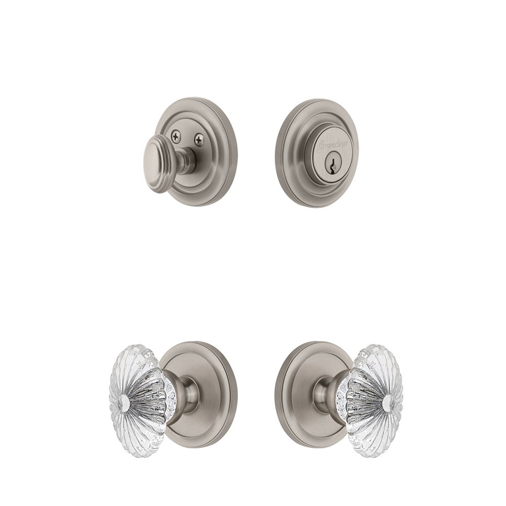 Handleset - Circulaire Rosette With Burgundy Crystal Knob & Matching Deadbolt In Satin Nickel