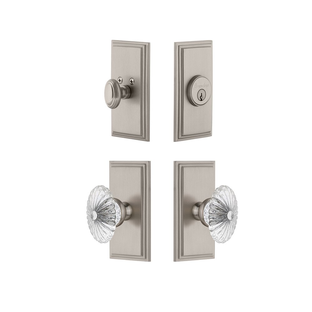 Handleset - Carre Plate With Burgundy Crystal Knob & Matching Deadbolt In Satin Nickel