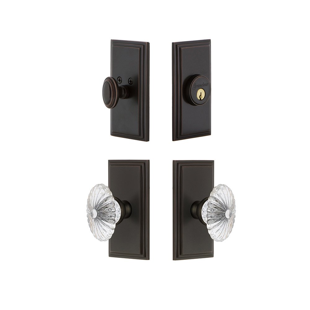 Handleset - Carre Plate With Burgundy Crystal Knob & Matching Deadbolt In Timeless Bronze