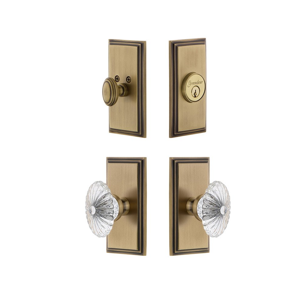 Handleset - Carre Plate With Burgundy Crystal Knob & Matching Deadbolt In Vintage Brass