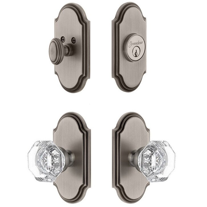 Handleset - Arc Plate With Chambord Crystal Knob & Matching Deadbolt In Antique Pewter