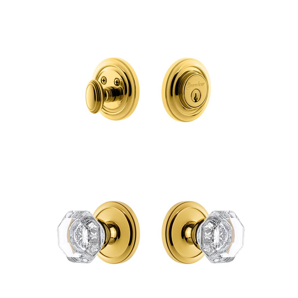 Handleset - Circulaire Rosette With Chambord Crystal Knob & Matching Deadbolt In Lifetime Brass