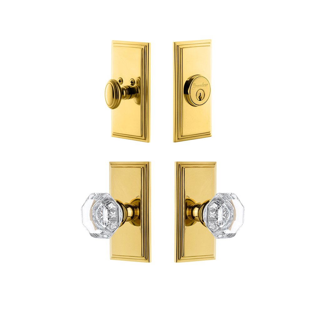 Handleset - Carre Plate With Chambord Crystal Knob & Matching Deadbolt In Lifetime Brass