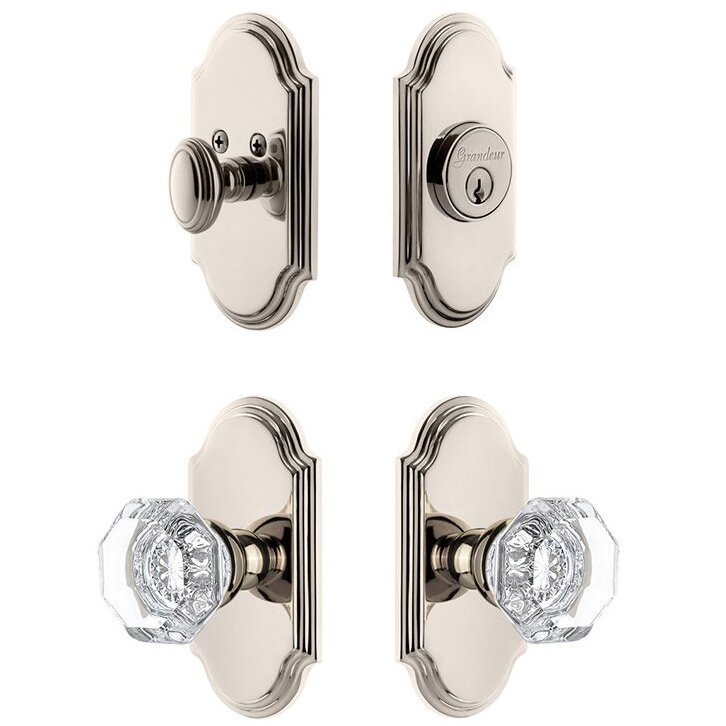Handleset - Arc Plate With Chambord Crystal Knob & Matching Deadbolt In Polished Nickel