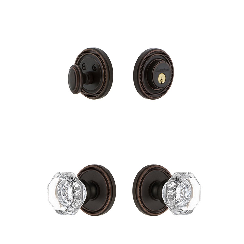 Soleil Rosette With Chambord Crystal Knob & Matching Deadbolt In Timeless Bronze
