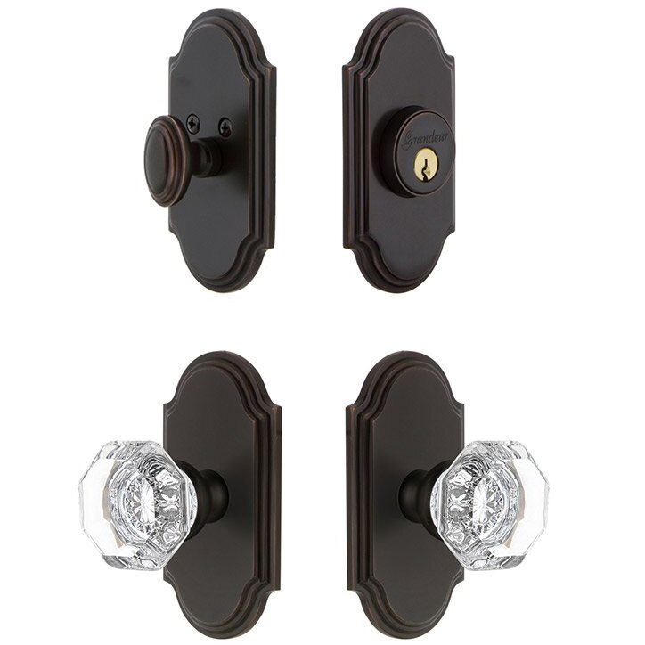 Handleset - Arc Plate With Chambord Crystal Knob & Matching Deadbolt In Timeless Bronze