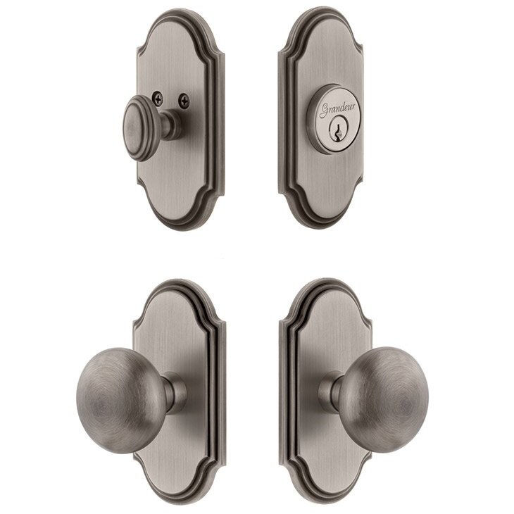 Handleset - Arc Plate With Fifth Avenue Knob & Matching Deadbolt In Antique Pewter