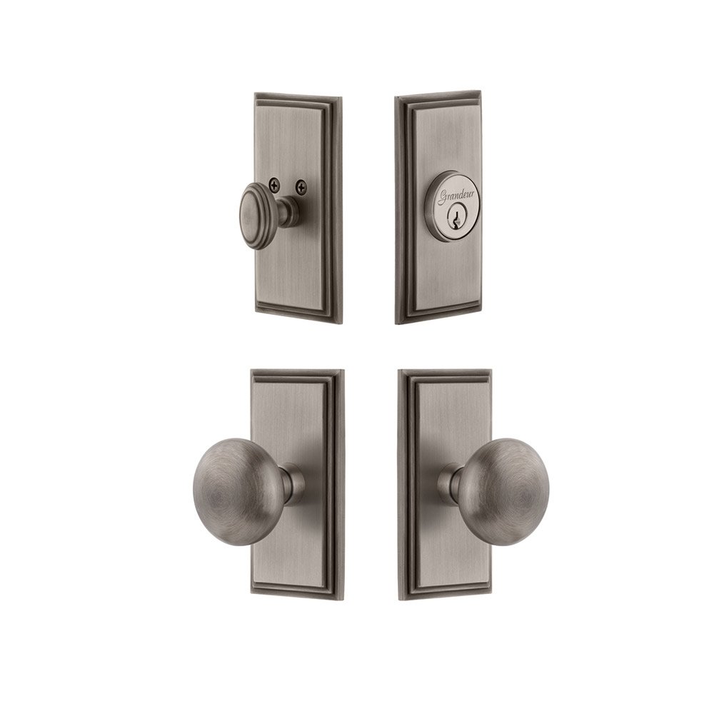 Handleset - Carre Plate With Fifth Avenue Knob & Matching Deadbolt In Antique Pewter