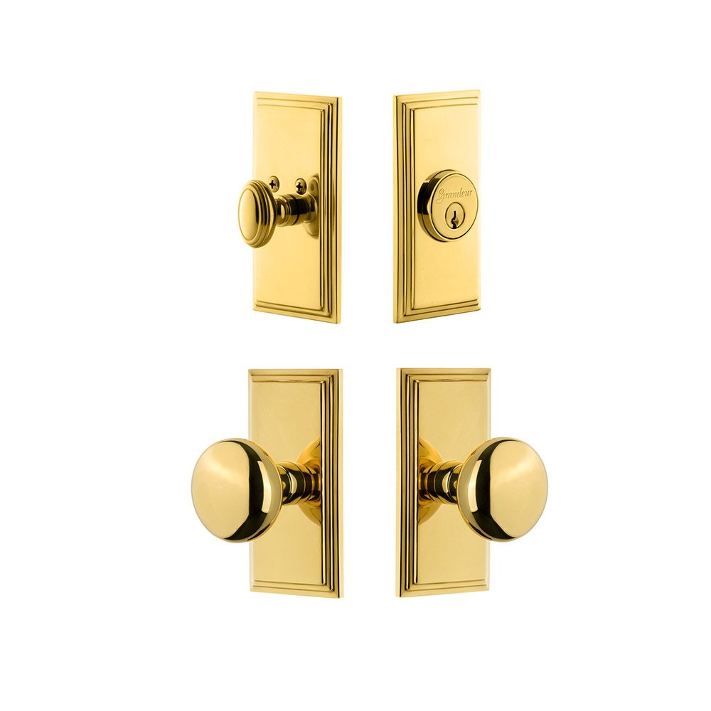 Handleset - Carre Plate With Fifth Avenue Knob & Matching Deadbolt In Lifetime Brass