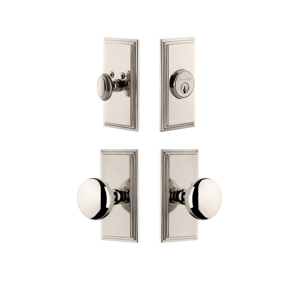 Handleset - Carre Plate With Fifth Avenue Knob & Matching Deadbolt In Polished Nickel