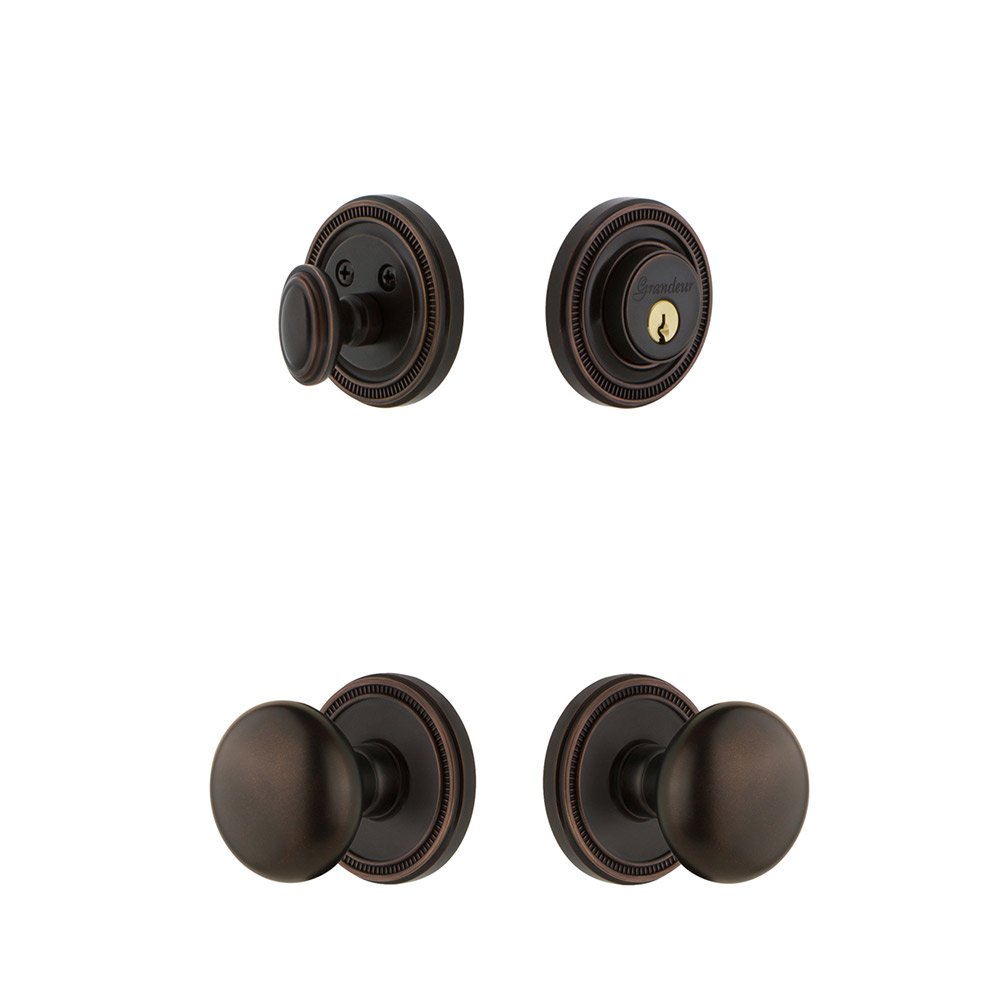 Soleil Rosette With Fifth Avenue Knob & Matching Deadbolt In Timeless Bronze