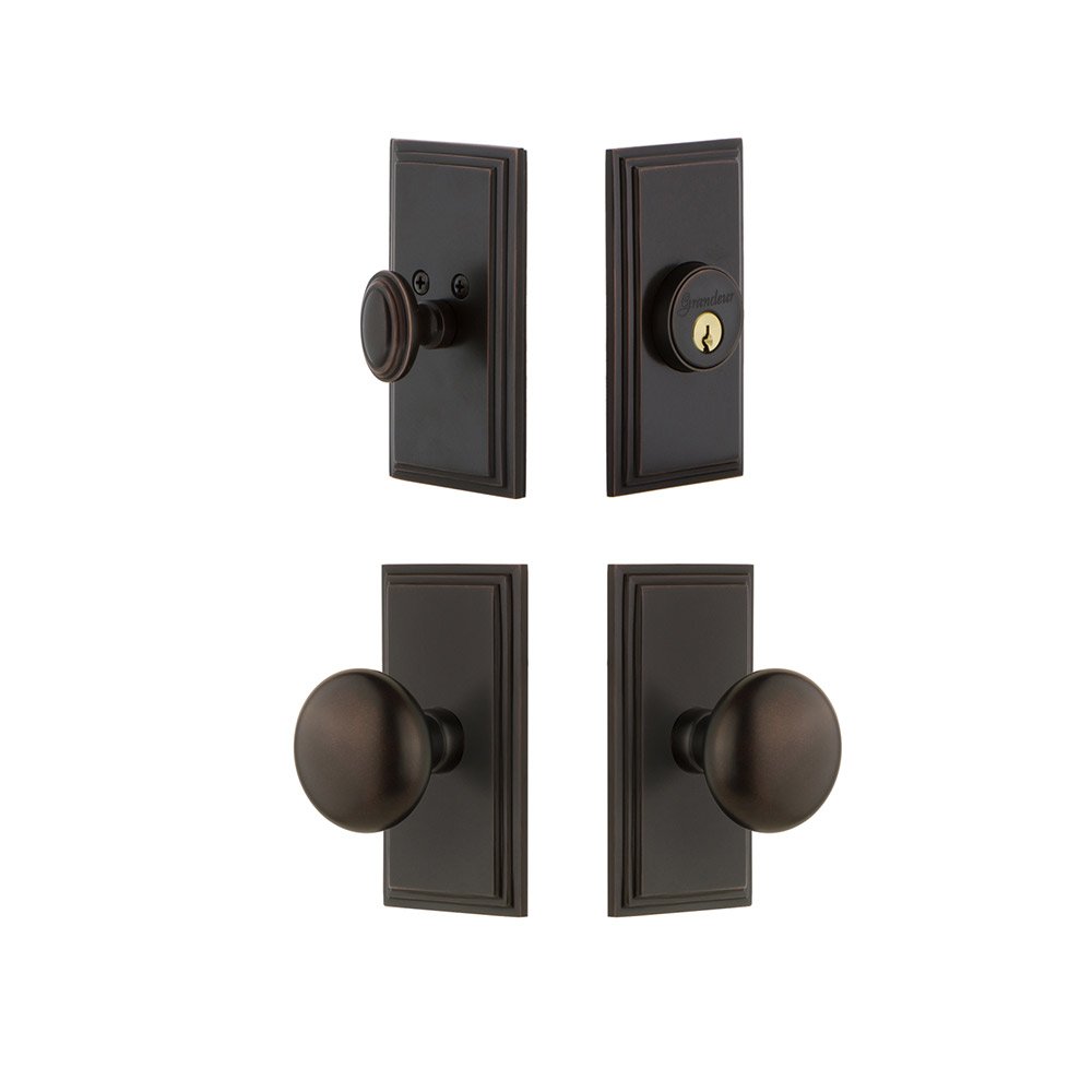Handleset - Carre Plate With Fifth Avenue Knob & Matching Deadbolt In Timeless Bronze