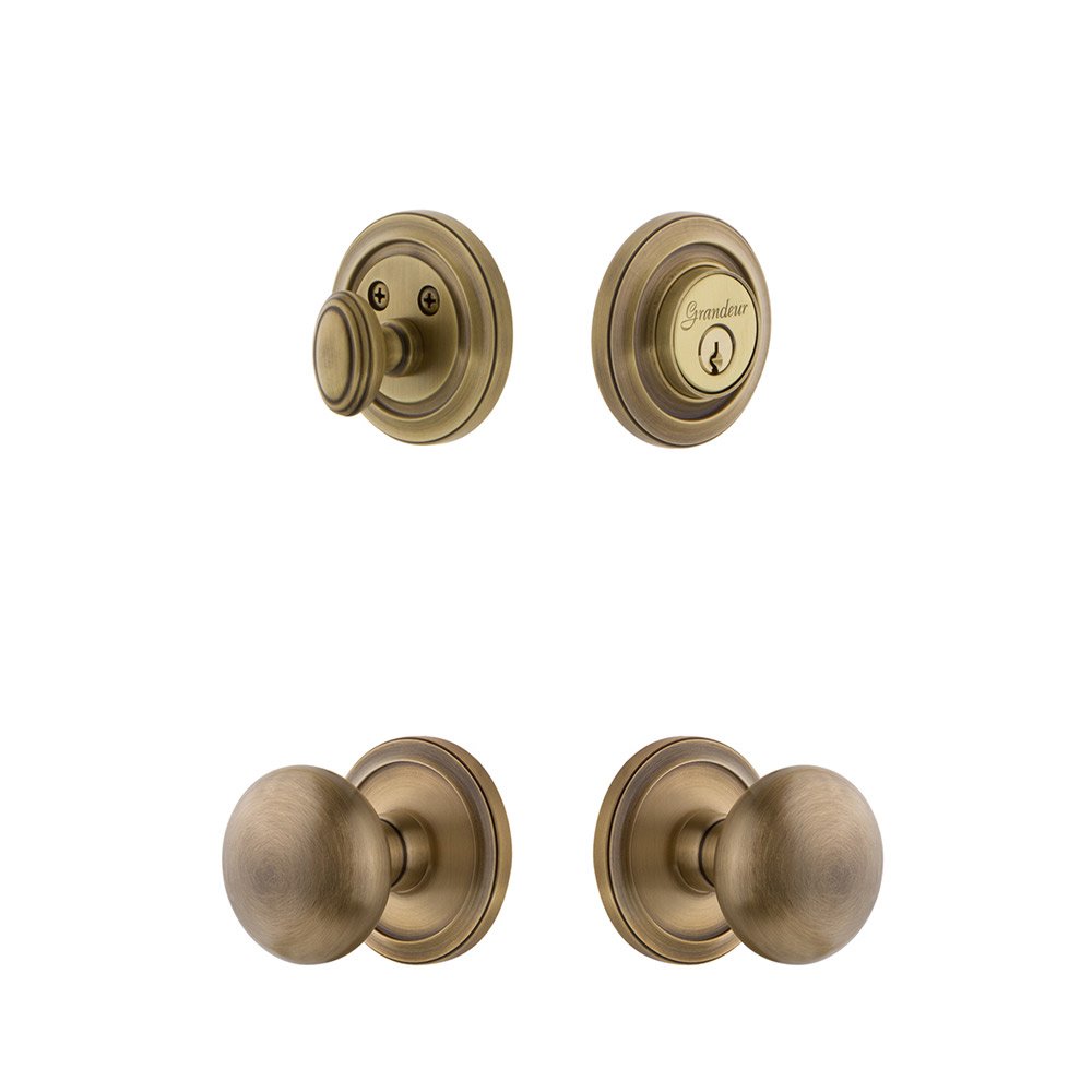 Handleset - Circulaire Rosette With Fifth Avenue Knob & Matching Deadbolt In Vintage Brass