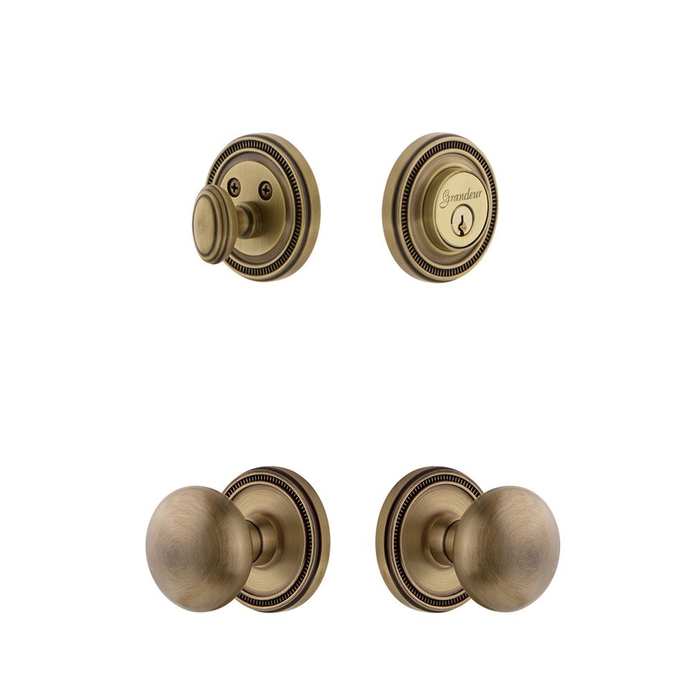 Soleil Rosette With Fifth Avenue Knob & Matching Deadbolt In Vintage Brass