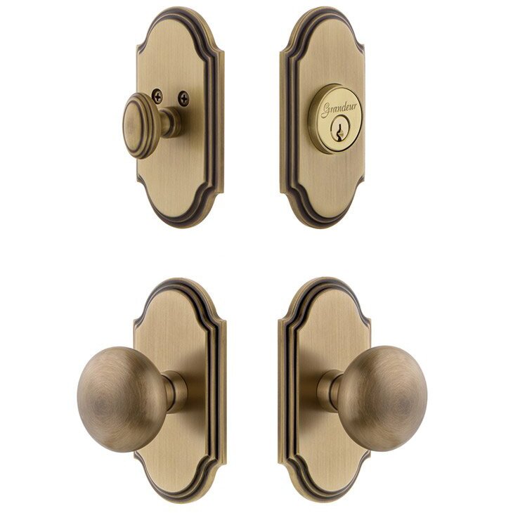 Handleset - Arc Plate With Fifth Avenue Knob & Matching Deadbolt In Vintage Brass