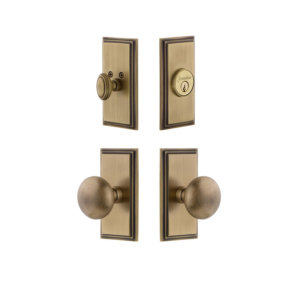 Handleset - Carre Plate With Fifth Avenue Knob & Matching Deadbolt In Vintage Brass