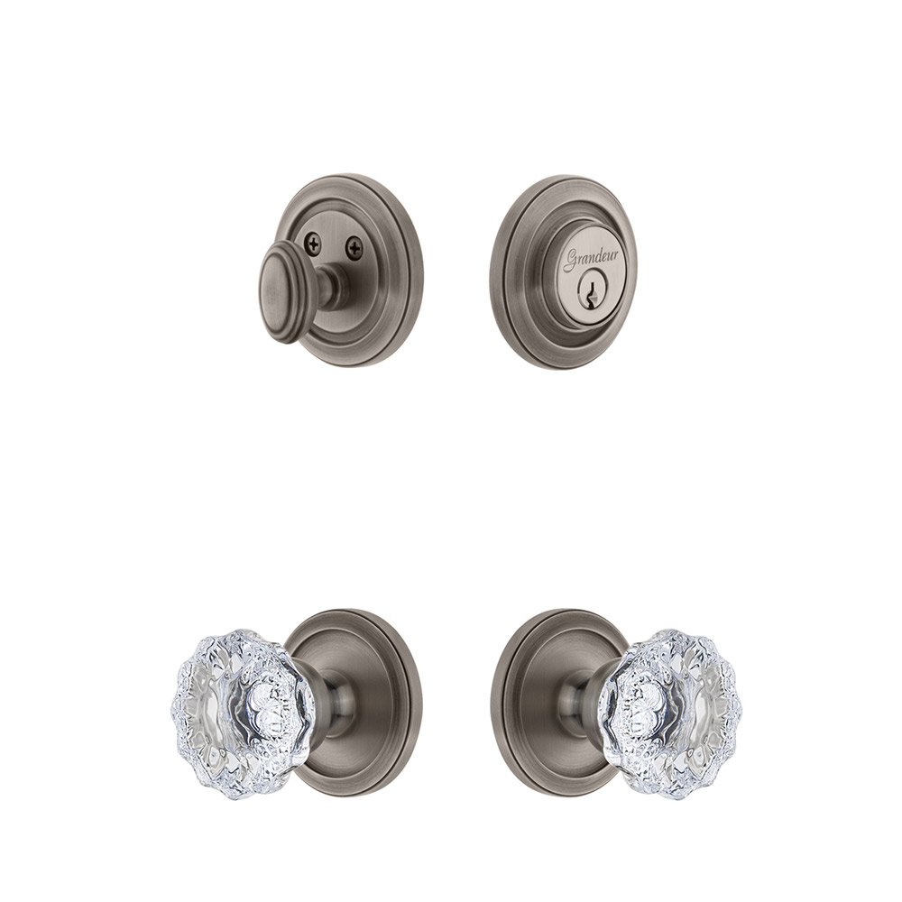 Handleset - Circulaire Rosette With Fontainebleau Crystal Knob & Matching Deadbolt In Antique Pewter