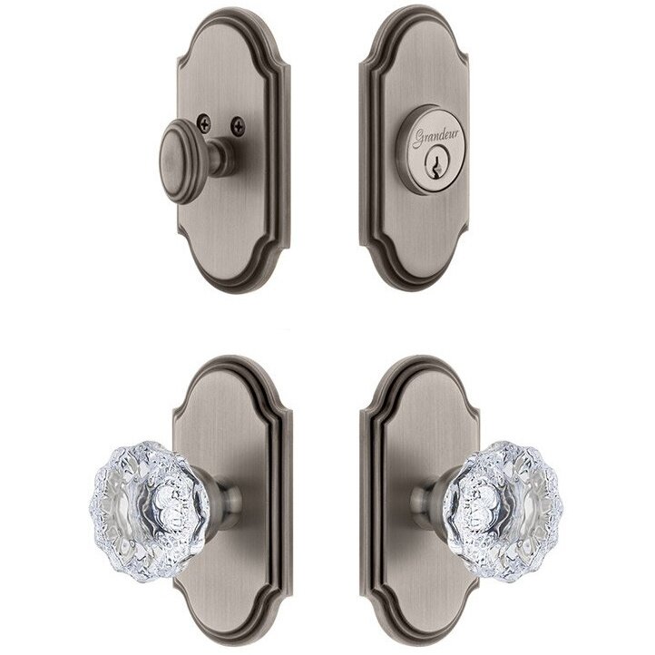 Handleset - Arc Plate With Fontainebleau Crystal Knob & Matching Deadbolt In Antique Pewter