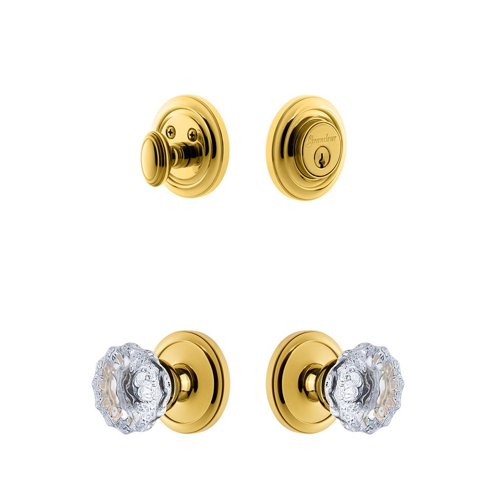 Handleset - Circulaire Rosette With Fontainebleau Crystal Knob & Matching Deadbolt In Lifetime Brass