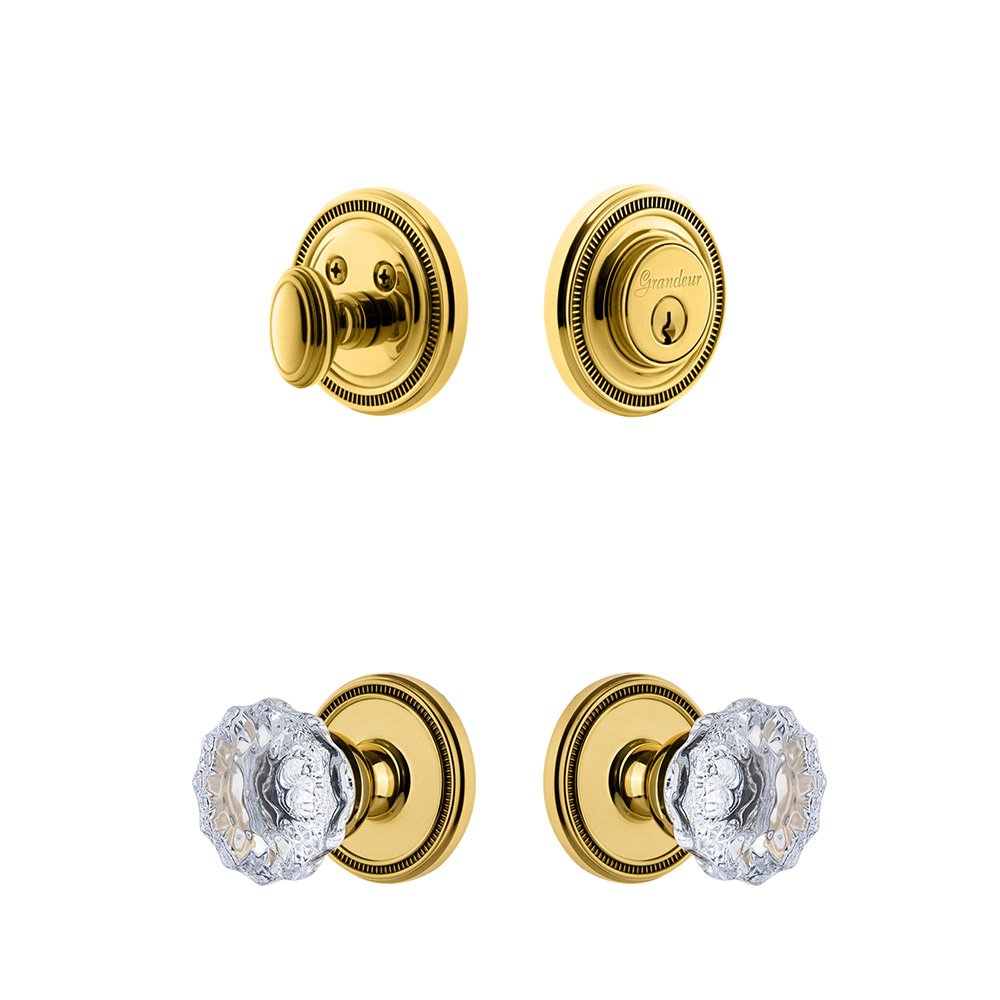 Soleil Rosette With Fontainebleau Crystal Knob & Matching Deadbolt In Lifetime Brass