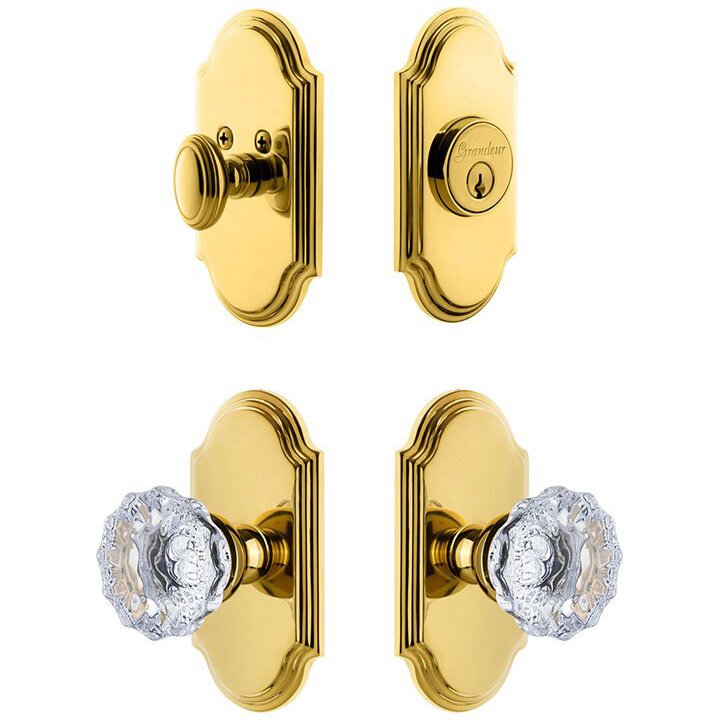 Handleset - Arc Plate With Fontainebleau Crystal Knob & Matching Deadbolt In Lifetime Brass