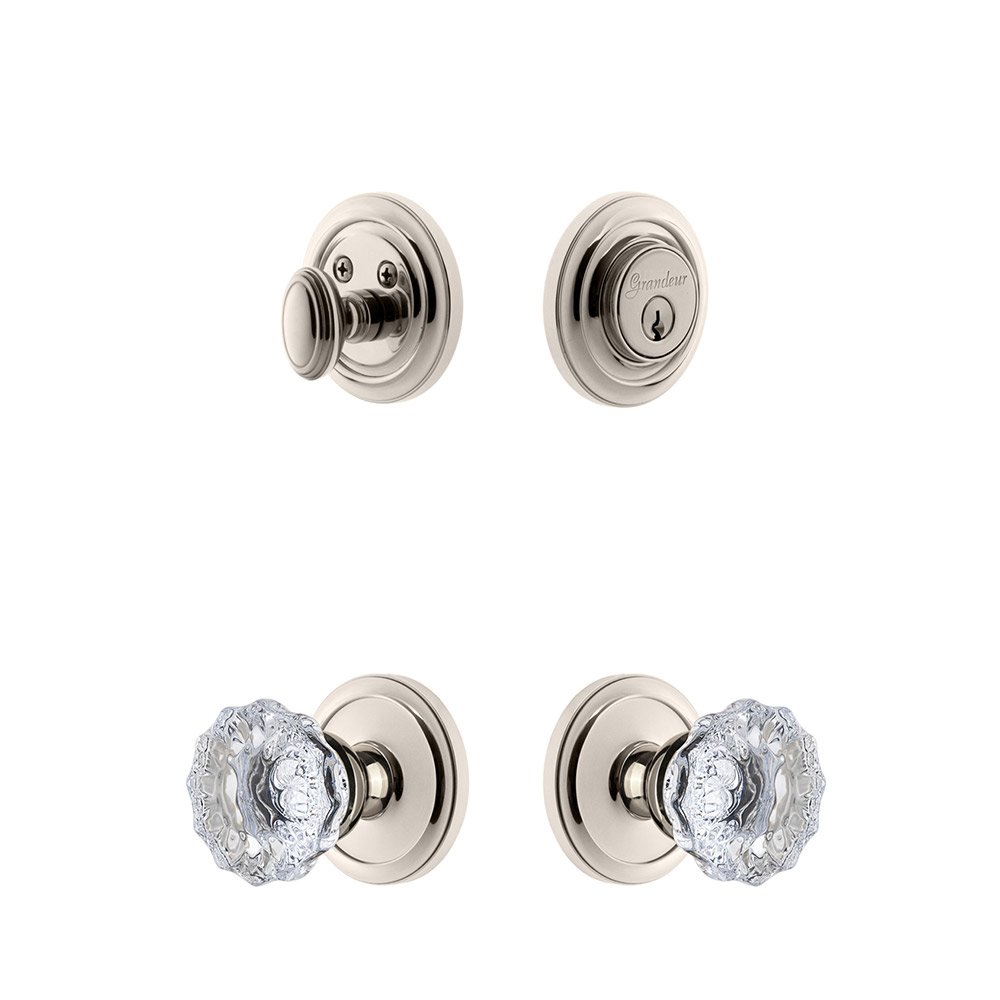 Handleset - Circulaire Rosette With Fontainebleau Crystal Knob & Matching Deadbolt In Polished Nickel