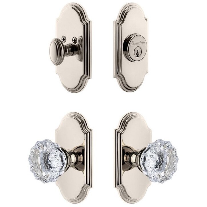 Handleset - Arc Plate With Fontainebleau Crystal Knob & Matching Deadbolt In Polished Nickel