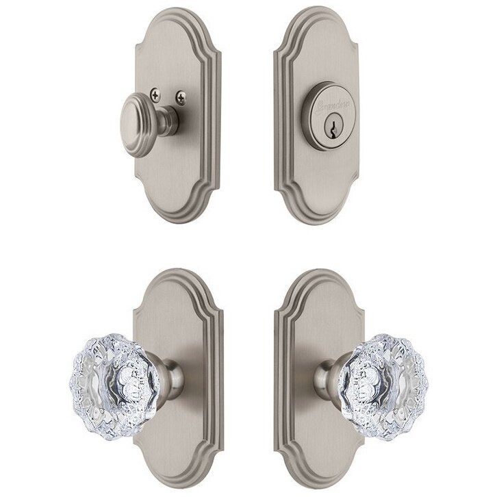 Handleset - Arc Plate With Fontainebleau Crystal Knob & Matching Deadbolt In Satin Nickel