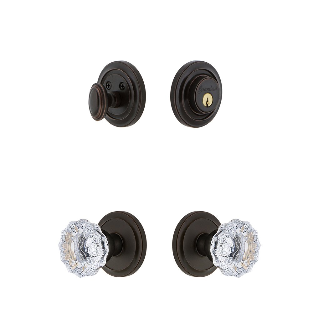 Handleset - Circulaire Rosette With Fontainebleau Crystal Knob & Matching Deadbolt In Timeless Bronze