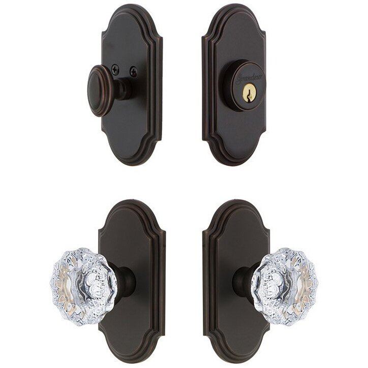 Handleset - Arc Plate With Fontainebleau Crystal Knob & Matching Deadbolt In Timeless Bronze