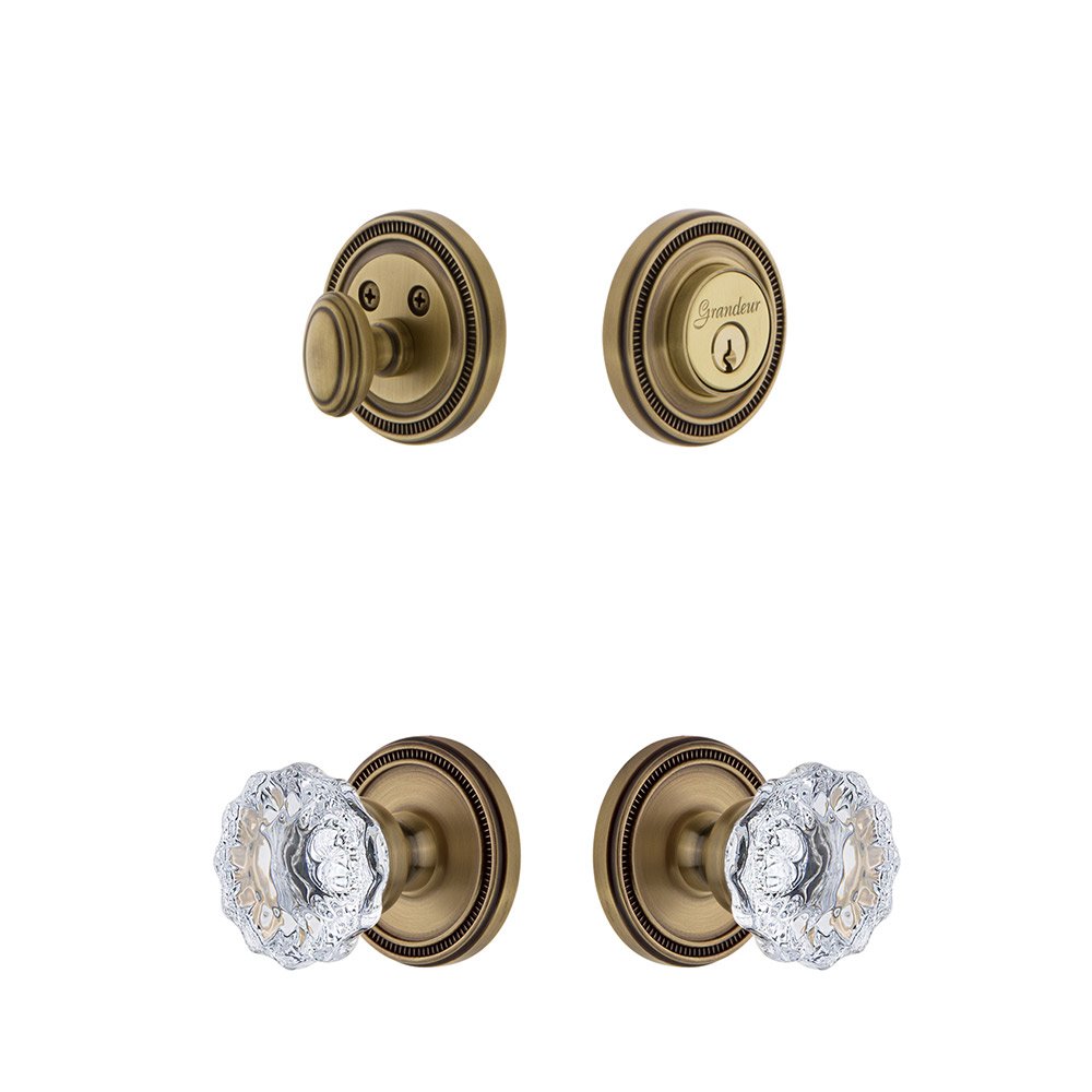 Soleil Rosette With Fontainebleau Crystal Knob & Matching Deadbolt In Vintage Brass