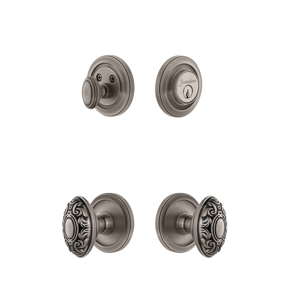 Circulaire Rosette With Grande Victorian Knob & Matching Deadbolt In Antique Pewter