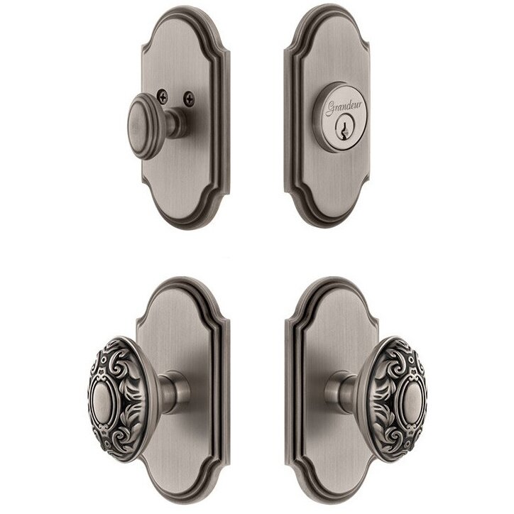 Arc Plate With Grande Victorian Knob & Matching Deadbolt In Antique Pewter