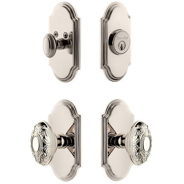 Arc Plate With Grande Victorian Knob & Matching Deadbolt In Polished Nickel