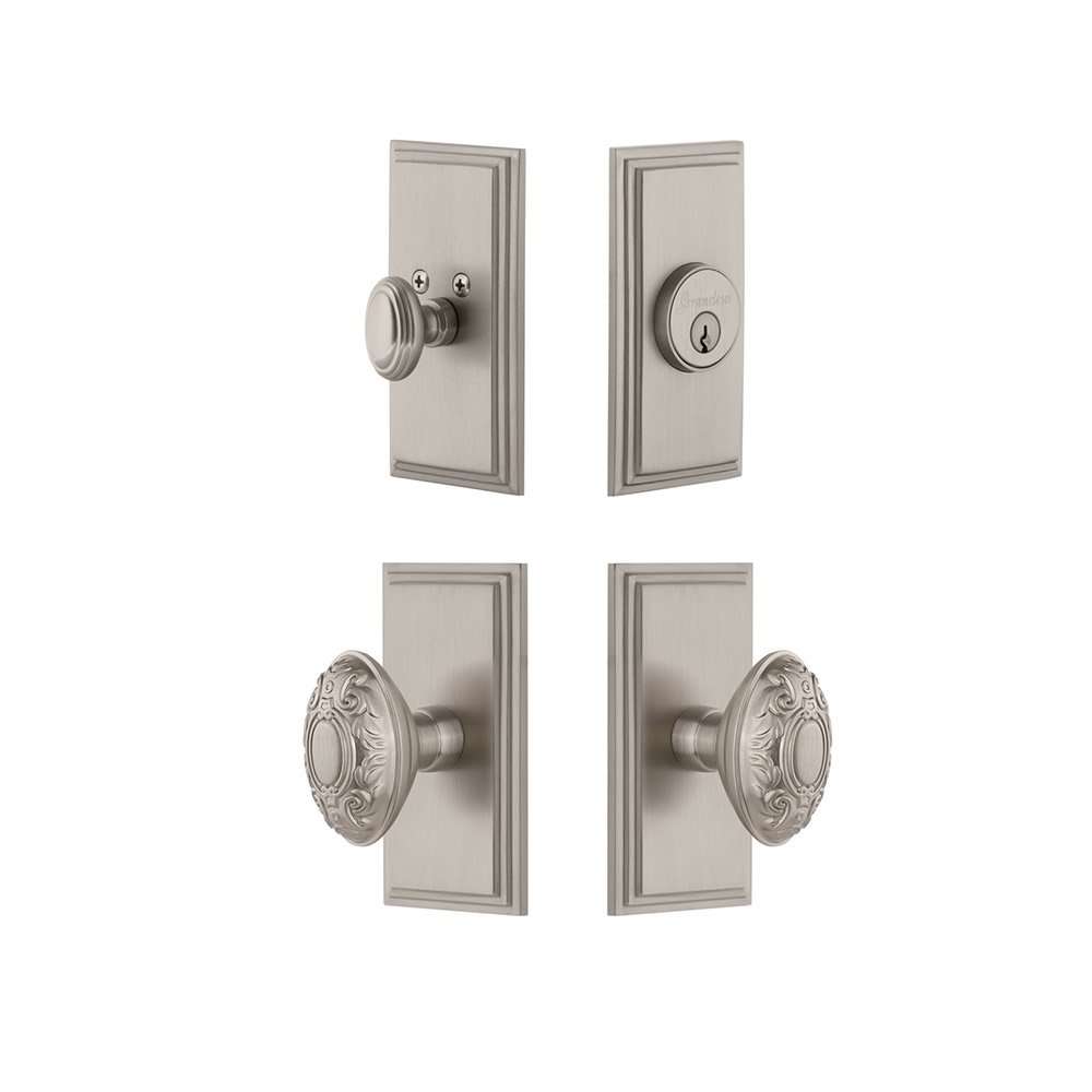 Carre Plate With Grande Victorian Knob & Matching Deadbolt In Satin Nickel