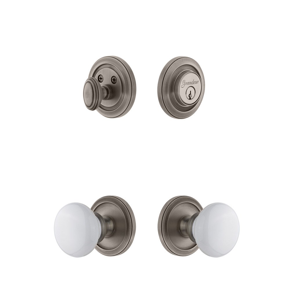 Handleset - Circulaire Rosette With Hyde Park Porcelain Knob & Matching Deadbolt In Antique Pewter