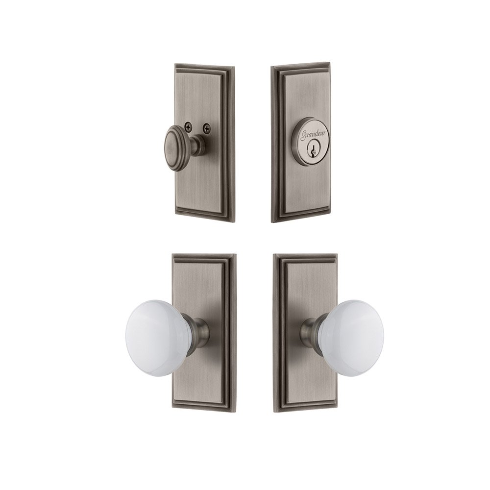 Handleset - Carre Plate With Hyde Park Porcelain Knob & Matching Deadbolt In Antique Pewter