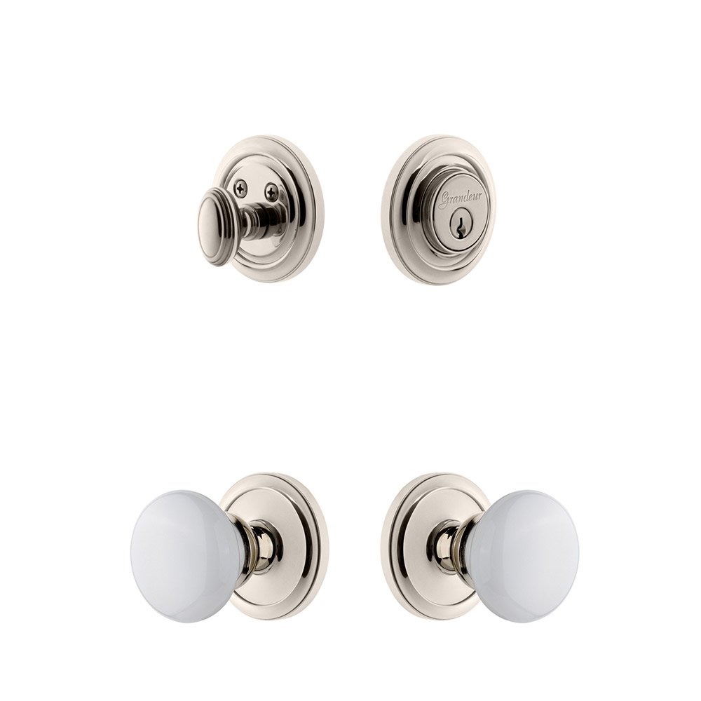 Handleset - Circulaire Rosette With Hyde Park Porcelain Knob & Matching Deadbolt In Polished Nickel