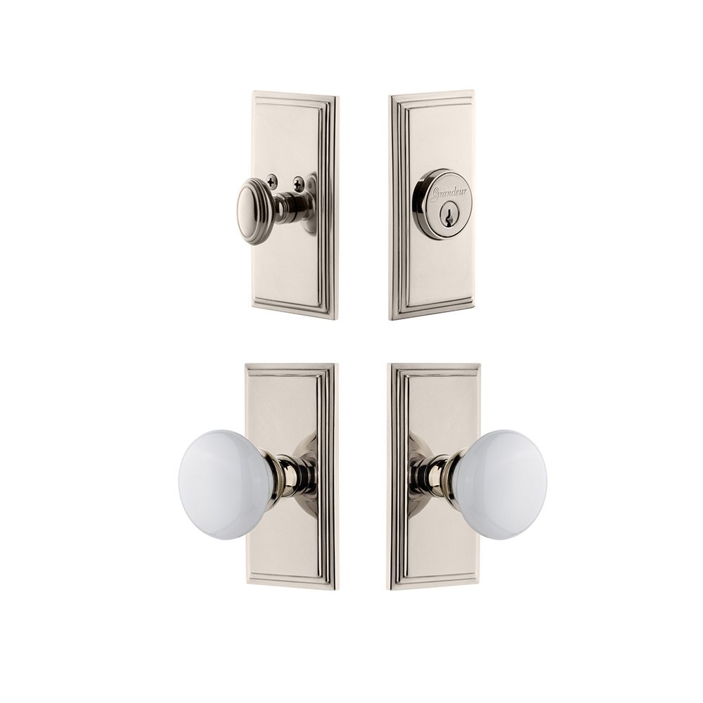Handleset - Carre Plate With Hyde Park Porcelain Knob & Matching Deadbolt In Polished Nickel